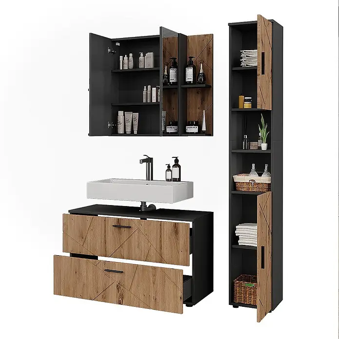 Vicco Badmöbel-Set Irma Anthrazit/Artisan 3 Teile - Anthrazit, Matt - Badezimmermöbel-Set in Dunkelgrau und hellem Holz mit Spiegelschrank, Waschtischunterschrank und hohem Schrank.