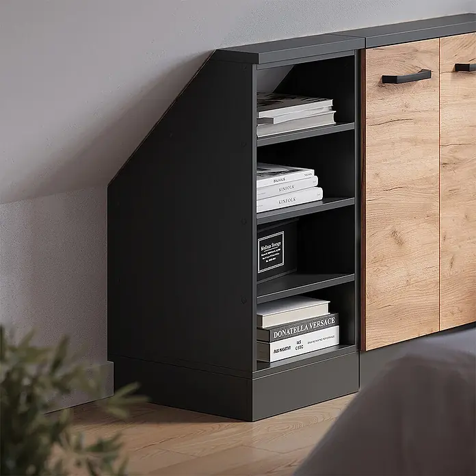 Vicco Schrankküche R-Line Anthrazit mit 4 Fächern - Dachschrägenschrank 40cm offen - Schwarzes und holzfarbenes Regal mit offenen Fächern und Schränken, für Dachschrägen konzipiert.