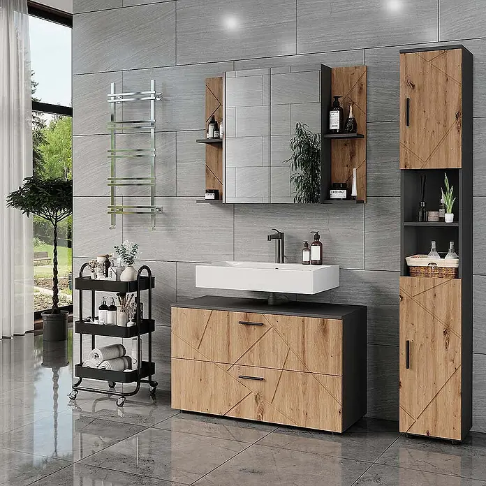 Vicco Badmöbel-Set Irma Anthrazit/Artisan 3 Teile - Anthrazit, Matt - Modernes Badmöbelset mit Echtholzfronten im Geometriedesign und dunkelgrauen Elementen, im Badezimmer dargestellt.