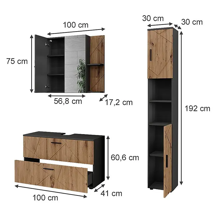 Vicco Badmöbel-Set Irma Anthrazit/Artisan 3 Teile - Anthrazit, Matt - Drei dunkelgraue und hellbraune Badschränke in Holzoptik mit geometrischen Mustern. Beinhaltet Wand-, Waschtisch- und Hochschrank mit Maßen.