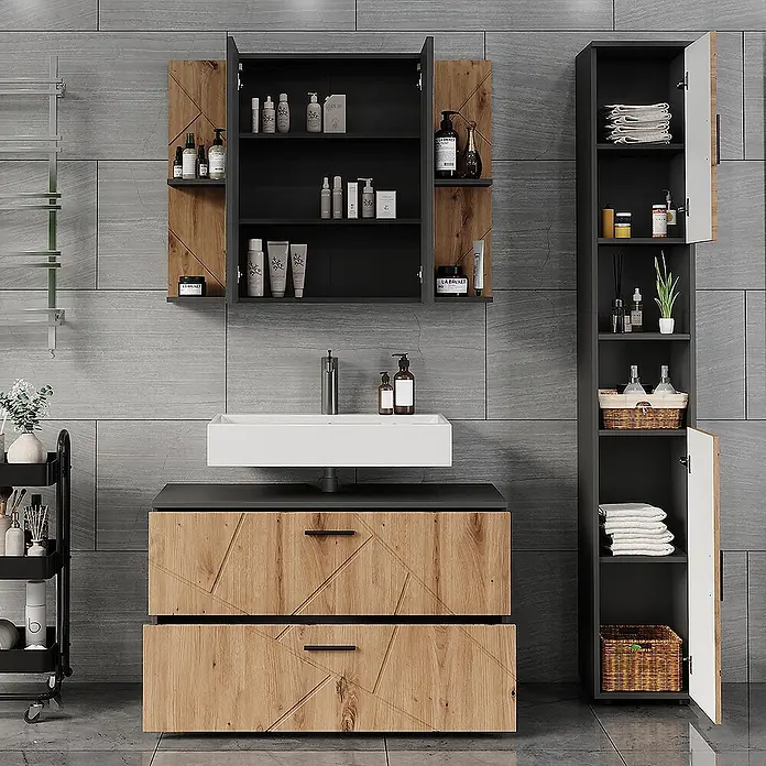 Vicco Badmöbel-Set Irma Anthrazit/Artisan 3 Teile - Anthrazit, Matt - Modernes Badmöbelset mit geometrischen Holzfronten und dunkelgrauen Elementen, inklusive Waschtisch, Wandschrank und Hochschrank.