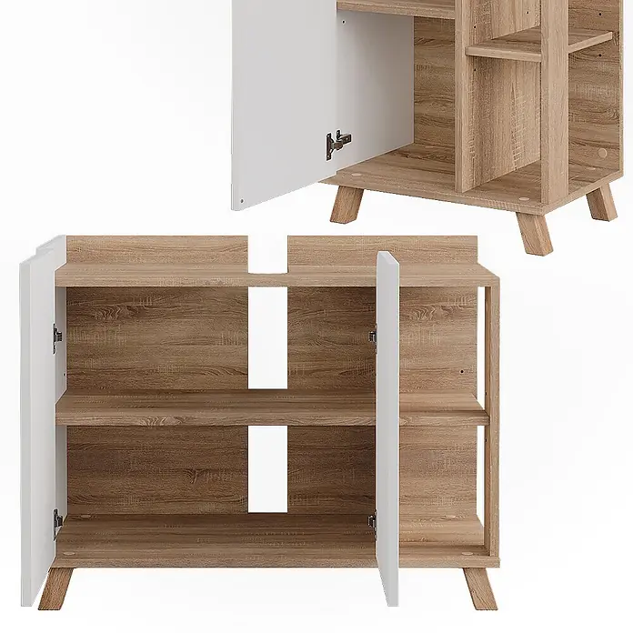 Vicco Badmöbel-Set Karen Sonoma/Weiß 3 Teile - Sonoma, Matt - Heller Eicheneffekt-Schrank mit weißen Türen und offenem Mittelfach, Kabelaussparungen.