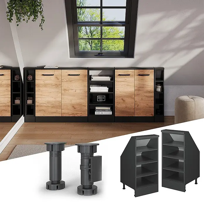 Vicco Schrankküche R-Line Anthrazit mit 4 Fächern - Dachschrägenschrank 40cm offen - Modulares Schranksystem mit schwarzem Rahmen und Holzoptik-Türen, unter Dachfenster. Inkl. verstellbare Beine und schräge Schrankmodule.