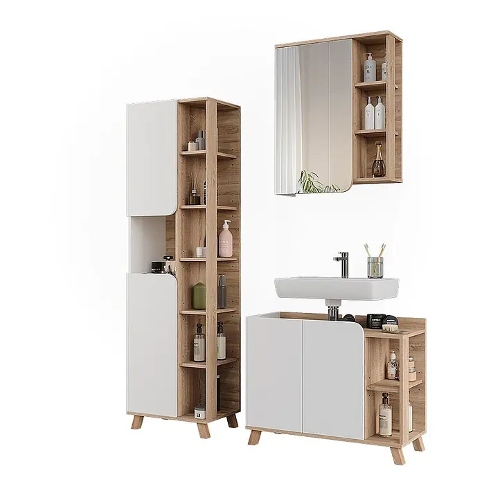 Vicco Badmöbel-Set Karen Sonoma/Weiß 3 Teile - Sonoma, Matt - Modernes Badmöbelset aus weißem und hellem Holz: Hochschrank, Waschtischunterschrank mit Waschbecken und Spiegelschrank, alle mit offenen Fächern.