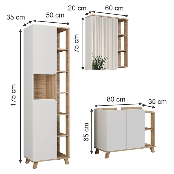 Vicco Badmöbel-Set Karen Sonoma/Weiß 3 Teile - Sonoma, Matt - Modulares Möbelset aus drei Teilen: hoher Schrank, Spiegelschrank und Kommode in Weiß und heller Eichenholzoptik mit offenen Regalen.
