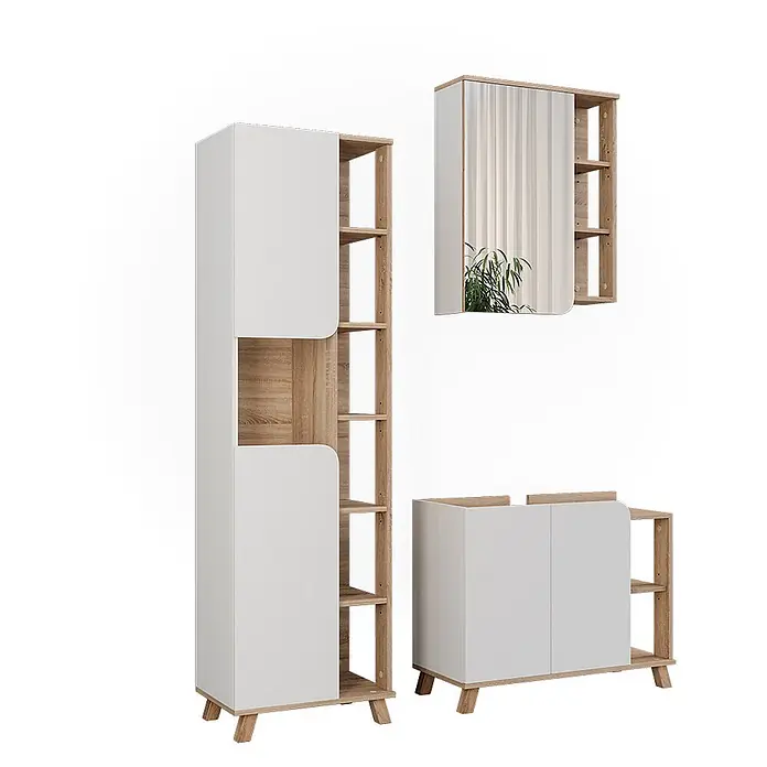 Vicco Badmöbel-Set Karen Sonoma/Weiß 3 Teile - Sonoma, Matt - Modernes Badmöbelset: Hochschrank, Unterschrank und Spiegelschrank. Helles Holz und weiße Paneele mit offenen Regalen.