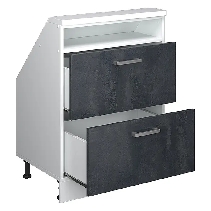 Vicco Schrankküche R-Line Schwarz Beton mit 2 Schubladen - Schwarz Beton, Dachschrägenschrank 60cm mit Schublade - Weißer Küchenunterschrank mit zwei teilweise geöffneten dunkelgrauen Strukturschubladen und Metallgriffen, plus oberem offenem Fach.