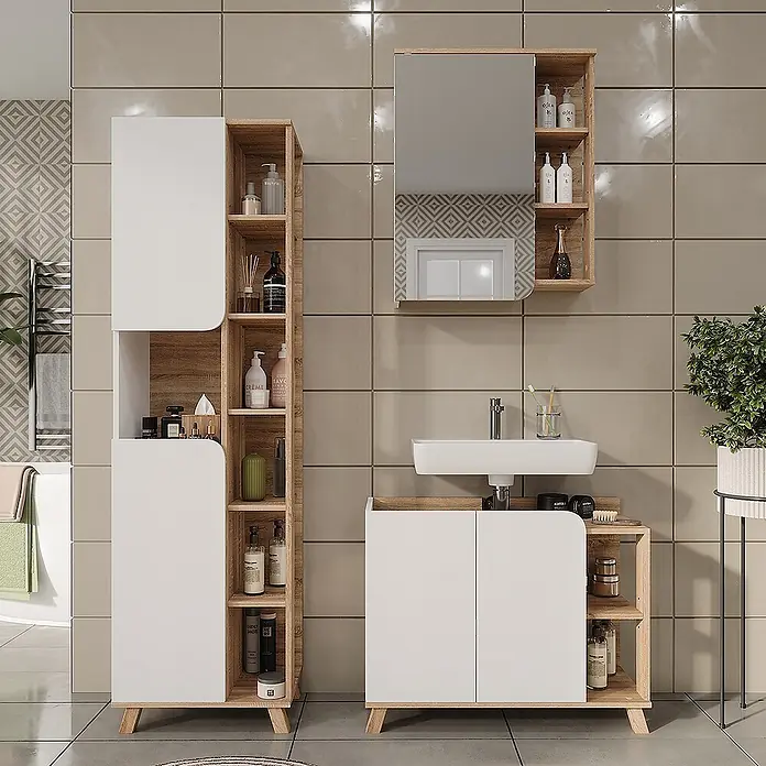 Vicco Badmöbel-Set Karen Sonoma/Weiß 3 Teile - Sonoma, Matt - Modernes Badmöbel-Set mit weißen Fronten und hellen Holzrahmen, bestehend aus Hochschrank, Spiegelschrank und Waschtisch.