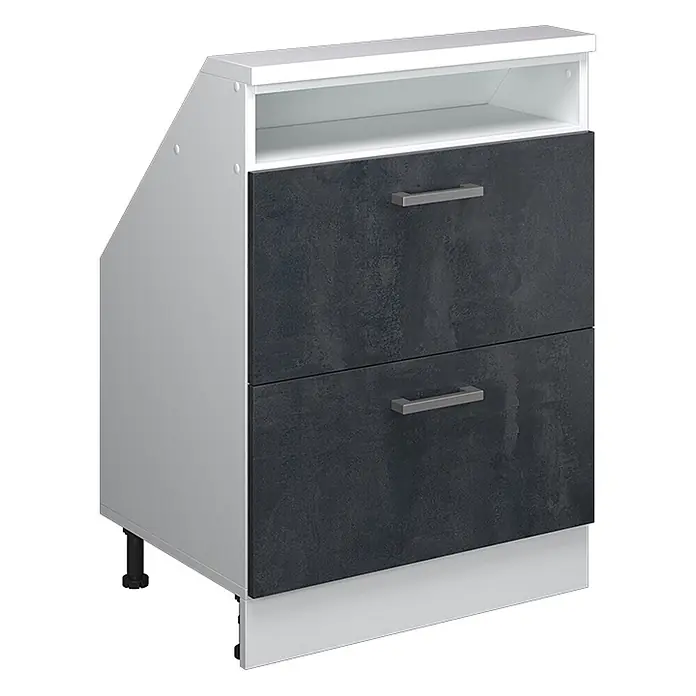 Vicco Schrankküche R-Line Schwarz Beton mit 2 Schubladen - Schwarz Beton, Dachschrägenschrank 60cm mit Schublade - Küchenunterschrank mit zwei dunkelgrauen Strukturschubladen und einem weißen offenen Fach darüber.