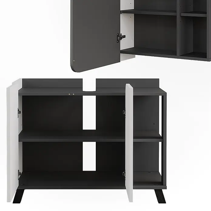Vicco Badmöbel-Set Karen Anthrazit/Weiß 2 Teile - Anthrazit, Matt - Dunkelgrau-weißes modulares Aufbewahrungsmöbel mit geöffneten Türen, das Innenfächer zeigt. Umfasst einen Wandschrank und ein Medienregal mit Kabelaussparungen.