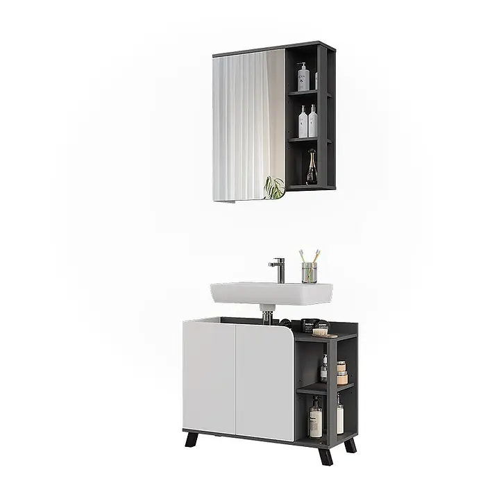 Vicco Badmöbel-Set Karen Anthrazit/Weiß 2 Teile - Anthrazit, Matt - Moderner Badschrank mit weißem Waschbecken, grau-weißem Unterschrank und passendem Spiegelschrank mit Regalen.