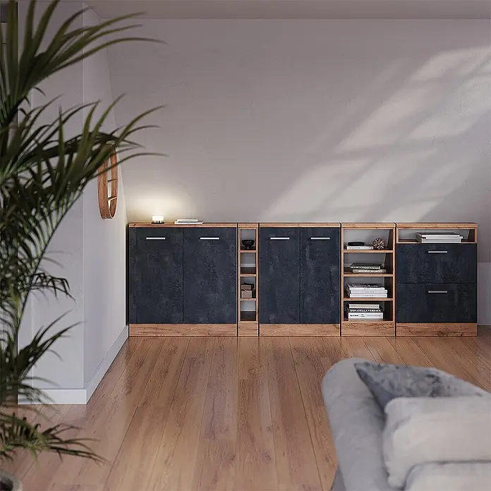Vicco Küchenleerblock R-Line Schwarz Beton mit 2 Türen - Breite: 60 cm, Schwarz Beton - Modulares Aufbewahrungssystem mit dunkelgrauen Türen und hellem Holzrahmen, bestehend aus Schränken und offenen Regalen in einem modernen Wohnraum.