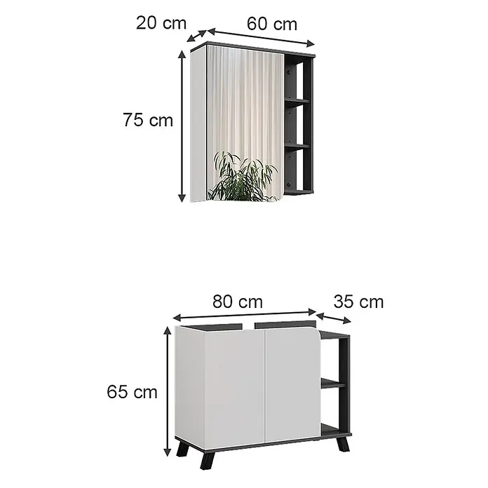 Vicco Badmöbel-Set Karen Anthrazit/Weiß 2 Teile - Anthrazit, Matt - Weiß-dunkelgraues Möbelset: Wandspiegel-Schrank (H75xW60xT20cm) und Bodenschrank mit Türen & offenen Fächern (H65xW80xT35cm).