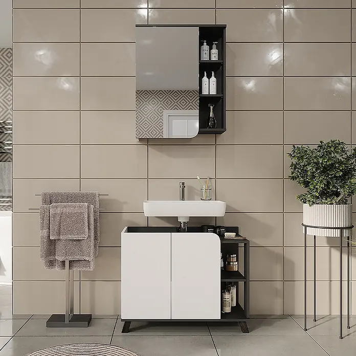 Vicco Badmöbel-Set Karen Anthrazit/Weiß 2 Teile - Anthrazit, Matt - Modernes Badezimmermöbel-Set mit weißem und dunkelgrauem Schrank, weißem Waschbecken und dunkelgrauem Spiegelschrank.