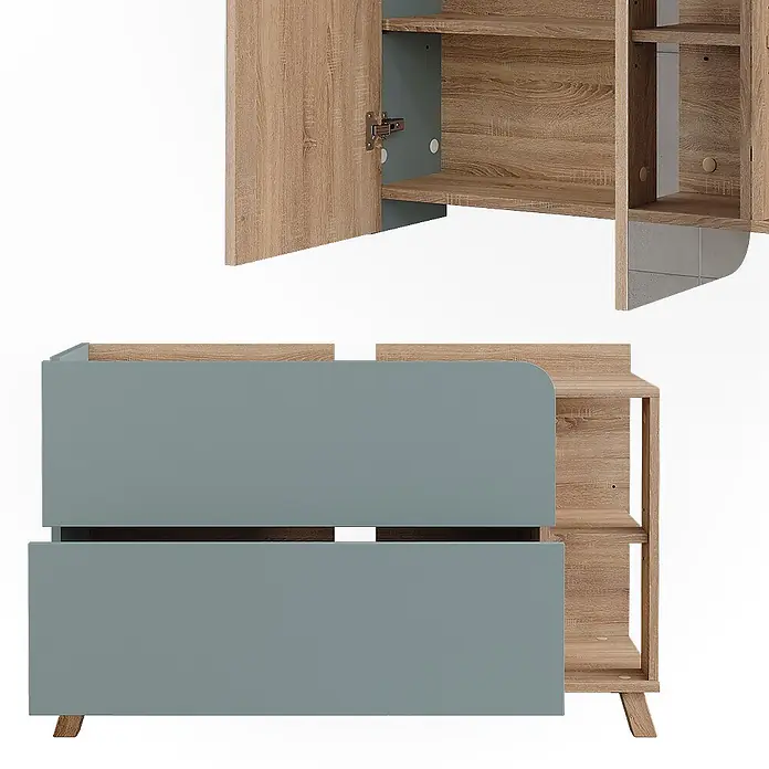 Vicco Badmöbel-Set Karen Sonoma/Blau 2 Teile - Sonoma, Matt - Modulare Möbel in Hellholz und Blaugrau: Hängeschrank mit Tür/Regalen und Unterschrank mit zwei Schubladen/Seitenregalen.