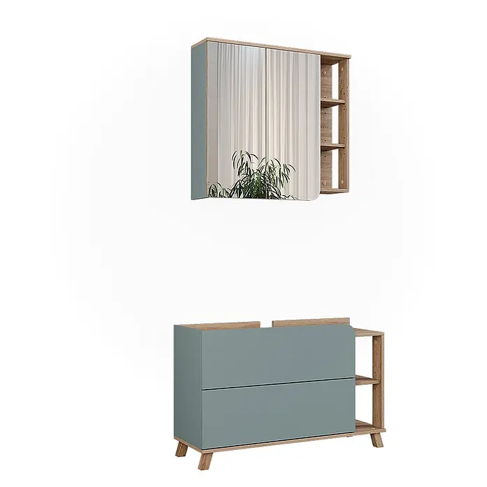 Vicco Badmöbel-Set Karen Sonoma/Blau 2 Teile - Sonoma, Matt - Zweiteiliges Badmöbelset: blau-grauer Spiegelschrank mit offenen Holzregalen und passendem Waschtischunterschrank mit Schubladen und Holzbeinen.