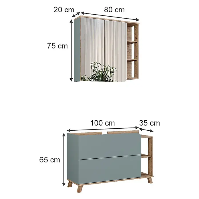 Vicco Badmöbel-Set Karen Sonoma/Blau 2 Teile - Sonoma, Matt - Türkis- und Holzfarbenes Möbelset mit Spiegelschrank und passender Kommode mit Seitenregalen.
