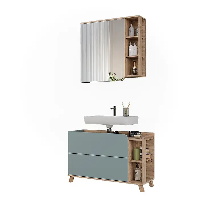 Vicco Badmöbel-Set Karen Sonoma/Blau 2 Teile - Sonoma, Matt - Hellblau-grüner Badezimmerunterschrank mit weißem Waschbecken und Holzoptik-Regalen, dazu passender Spiegelschrank für Stauraum.