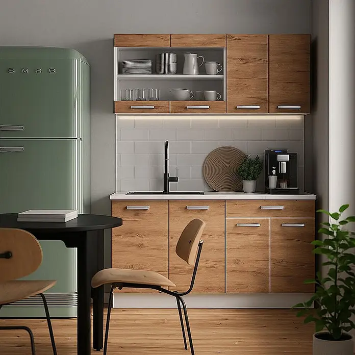 Vicco Schrankküche R-Line Goldkraft Eiche 2er Set - Goldkraft Eiche, Dachschrägenzeile 120cm - Moderne Küche mit hellbraunen Holzschränken, hellgrünem Retro-Kühlschrank, schwarzem Tisch und Holzstühlen.