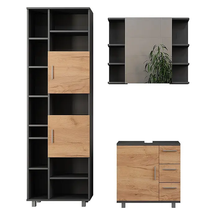 Vicco Badmöbel-Set Ilias Anthrazit/Goldkraft Eiche 3 Teile, mit Badschrank 190 cm - Anthrazit, Matt - Modulares Möbelset mit dunkelgrauen Rahmen und hellen Holzfronten. Beinhaltet ein hohes Regal, Wandregal mit Spiegel und kleinen Schrank.