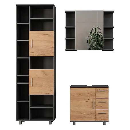 Vicco  Badmöbel-Set Ilias Anthrazit/Goldkraft Eiche 3 Teile, mit Badschrank 190 cm
