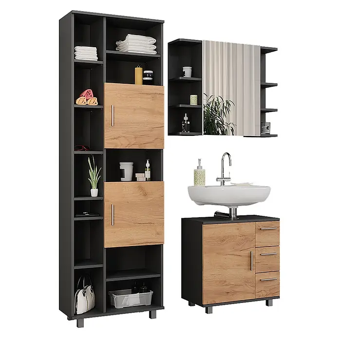 Vicco Badmöbel-Set Ilias Anthrazit/Goldkraft Eiche 3 Teile, mit Badschrank 190 cm - Anthrazit, Matt - Dunkelgraues und Eichenholz-Optik Badezimmermöbel-Set: Hochschrank, Spiegelschrank und Waschtischunterschrank.