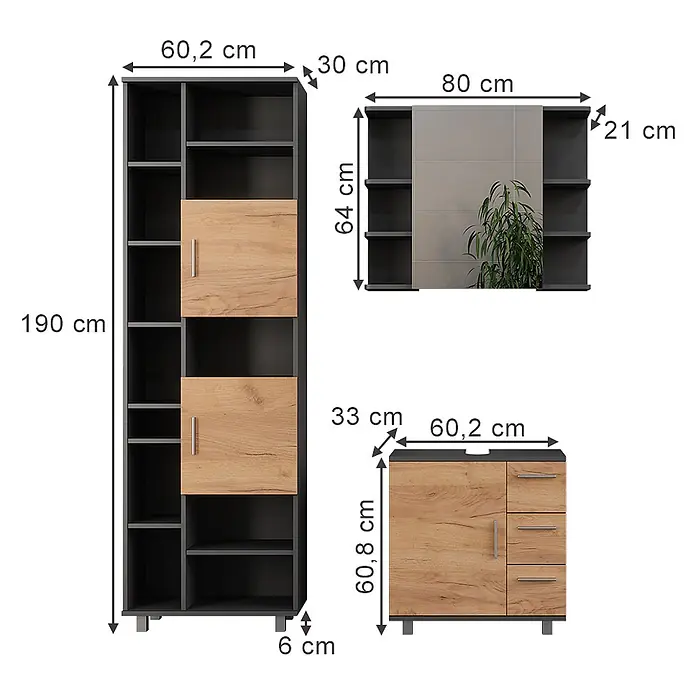 Vicco Badmöbel-Set Ilias Anthrazit/Goldkraft Eiche 3 Teile, mit Badschrank 190 cm - Anthrazit, Matt - Set aus drei modernen Aufbewahrungsmöbeln: hohes Bücherregal, Wandregal mit Mittelplatte und kleine Kommode mit Schubladen, in Dunkelgrau und heller Eichenoptik.