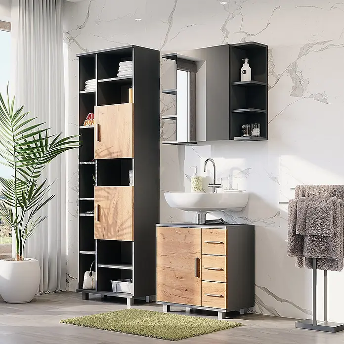 Vicco Badmöbel-Set Ilias Anthrazit/Goldkraft Eiche 3 Teile, mit Badschrank 190 cm - Anthrazit, Matt - Modernes Badmöbel-Set in Dunkelgrau und hellem Holz mit Hochschrank, Waschtisch und Spiegelschrank.