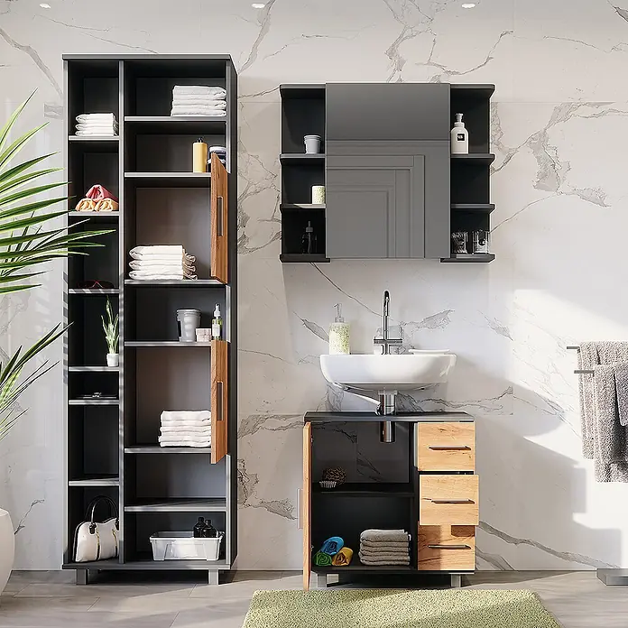 Vicco Badmöbel-Set Ilias Anthrazit/Goldkraft Eiche 3 Teile, mit Badschrank 190 cm - Anthrazit, Matt - Badezimmermöbel-Set in Dunkelgrau und hellem Holz, mit Hochschrank, Waschtisch mit Waschbecken und Spiegelschrank.