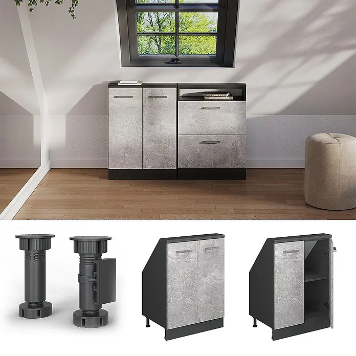 Vicco Schrankküche R-Line Beton mit 2 Türen - Beton, Dachschrägenschrank 60cm - Graue Schränke in Betonoptik mit schwarzen Rahmen für Dachschrägen, mit verstellbaren Füßen dargestellt.
