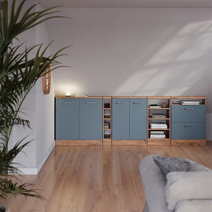 Vicco Küchenleerblock R-Line Blau-Grau mit 2 Türen - Breite: 60 cm, Blau-Grau - Modulare blau-graue und Holz-Stauschränke mit Regalen und Schubladen in einem modernen Raum.