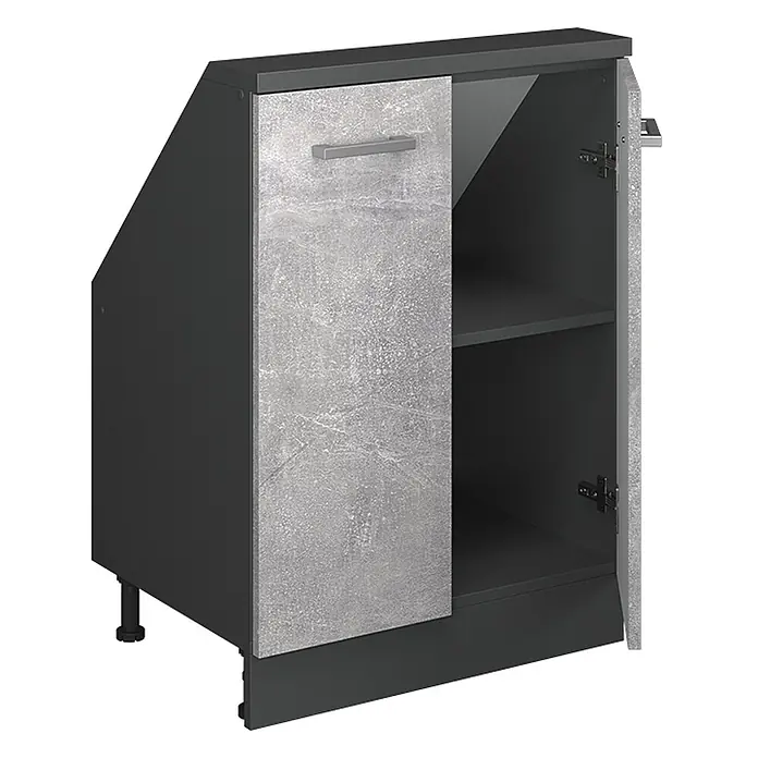 Vicco Schrankküche R-Line Beton mit 2 Türen - Beton, Dachschrägenschrank 60cm - Dunkelgrauer Eckunterschrank mit hellgrauer Betonoptik-Tür, geöffnet mit Ablage und verstellbaren Füßen.