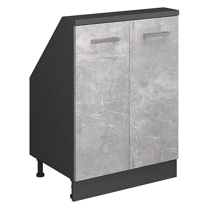 Vicco Schrankküche R-Line Beton mit 2 Türen - Beton, Dachschrägenschrank 60cm - Zweitüriger Unterschrank mit grauen Beton-Fronten, dunkelgrauem Korpus und silbernen Griffen.