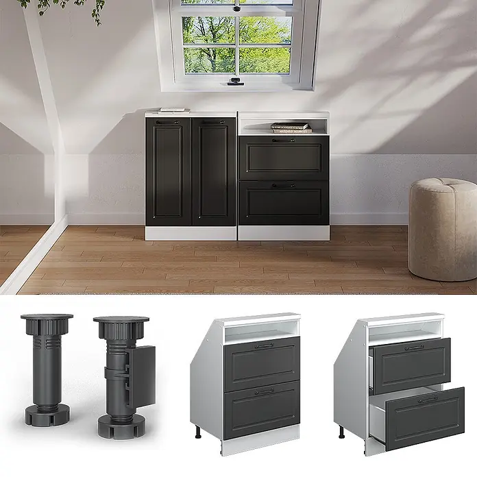 Vicco Küchenleerblock R-Line Anthrazit Landhaus mit 2 Schubladen - Breite: 60 cm, Anthrazit Landhaus - Schwarze und weiße Dachbodenschränke mit Türen und Schubladen unter einem Dachfenster. Inklusive verstellbarer Stützbeine.