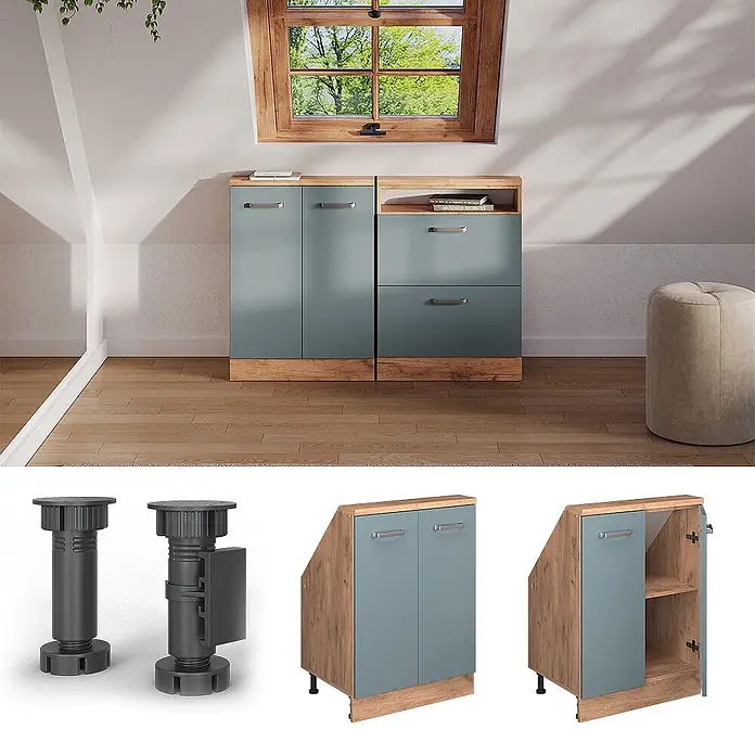 Vicco Küchenleerblock R-Line Blau-Grau mit 2 Türen - Breite: 60 cm, Blau-Grau - Modulare blau-graue Dachschrägenschränke in Holzoptik mit schrägen Oberseiten, in einem Raum mit Dachfenster und verstellbaren Füßen.