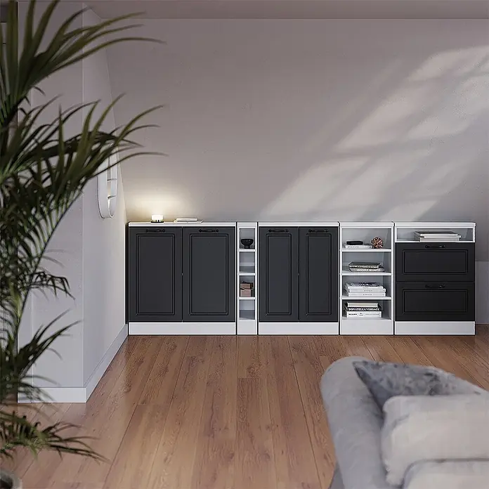 Vicco Küchenleerblock R-Line Anthrazit Landhaus mit 2 Schubladen - Breite: 60 cm, Anthrazit Landhaus - Modulares schwarz-weißes Schranksystem mit Türen und Regalen, entlang einer Zimmerwand.