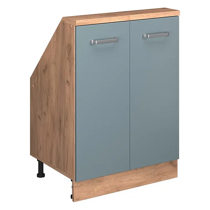 Vicco Küchenleerblock R-Line Blau-Grau mit 2 Türen - Breite: 60 cm, Blau-Grau - Blaugrauer Küchenunterschrank mit Holzoptik-Platte/Sockel, zwei Türen und angeschrägter linker Seite.