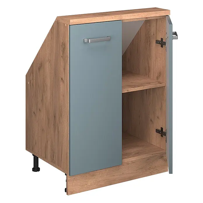 Vicco Küchenleerblock R-Line Blau-Grau mit 2 Türen - Breite: 60 cm, Blau-Grau - Schräger Unterschrank in Holzoptik mit blaugrauer Tür und silbernem Griff.