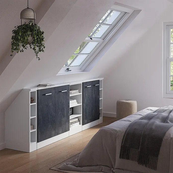 Vicco Küchenleerblock R-Line Schwarz Beton 5er Set - Breite: 210 cm, Schwarz Beton - Weiß-dunkelgraues Modulregal für Dachschrägen, mit Türen und offenen Fächern, in einem Dachzimmer.