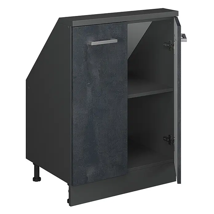 Vicco Küchenleerblock R-Line Schwarz Beton mit 2 Türen - Breite: 60 cm, Schwarz Beton - Dunkelgrauer abgeschrägter Küchenunterschrank mit Betonoptik-Tür, silbernem Griff und offener Ablage auf verstellbaren Füßen.
