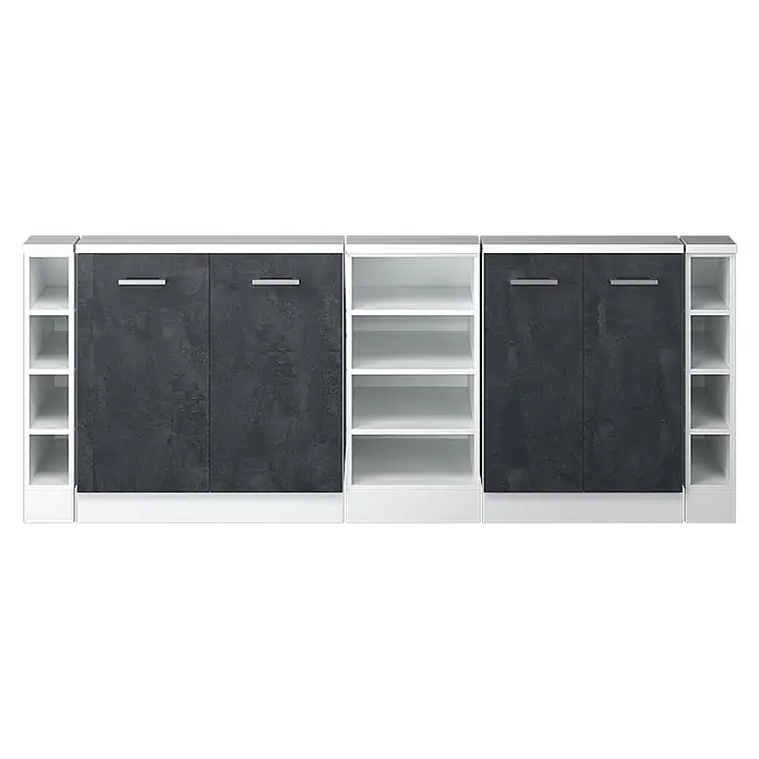 Vicco Küchenleerblock R-Line Schwarz Beton 5er Set - Breite: 210 cm, Schwarz Beton - Modulares Aufbewahrungsmöbel mit dunkelgrauen Türen, silbernen Griffen und weißen offenen Regalen und Sockel.