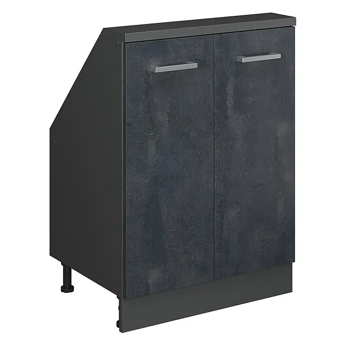 Vicco Küchenleerblock R-Line Schwarz Beton mit 2 Türen - Breite: 60 cm, Schwarz Beton - Anthrazitfarbener Küchenunterschrank mit zwei strukturierten Türen, Metallgriffen und abgeschrägter Seite.