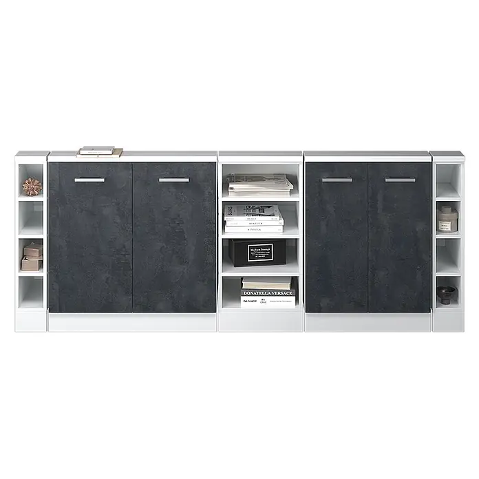 Vicco Küchenleerblock R-Line Schwarz Beton 5er Set - Breite: 210 cm, Schwarz Beton - Moderne modulare Aufbewahrungseinheit mit dunkelgrauen strukturierten Schranktüren und weißen offenen Ablagefächern.