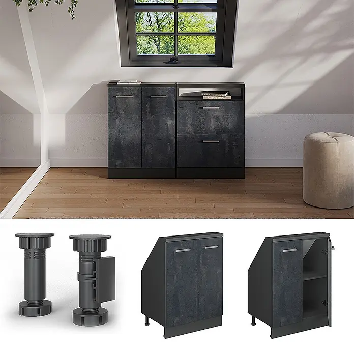 Vicco Küchenleerblock R-Line Schwarz Beton mit 2 Türen - Breite: 60 cm, Schwarz Beton - Dunkelgraues, modulares Schranksystem mit strukturierter Oberfläche und Metallgriffen, passend für Dachschrägen.