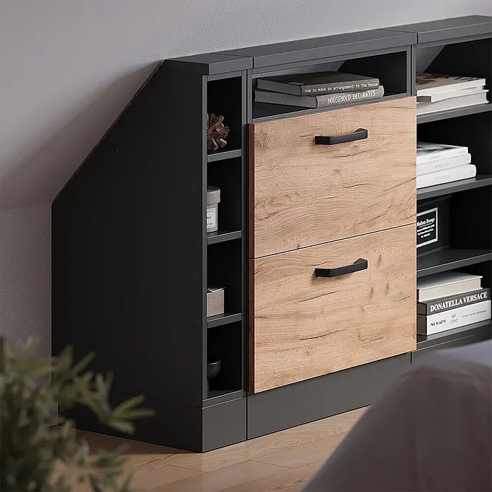 Vicco Schrankküche R-Line Anthrazit mit 4 Fächern - Dachschrägenschrank 15 cm offen - Dunkelgraues Nachttisch-Aufbewahrungsmöbel mit zwei hellen Holzschubladen, schwarzen Griffen und offenen Regalen. Die schräge Seite passt unter Dachschrägen.