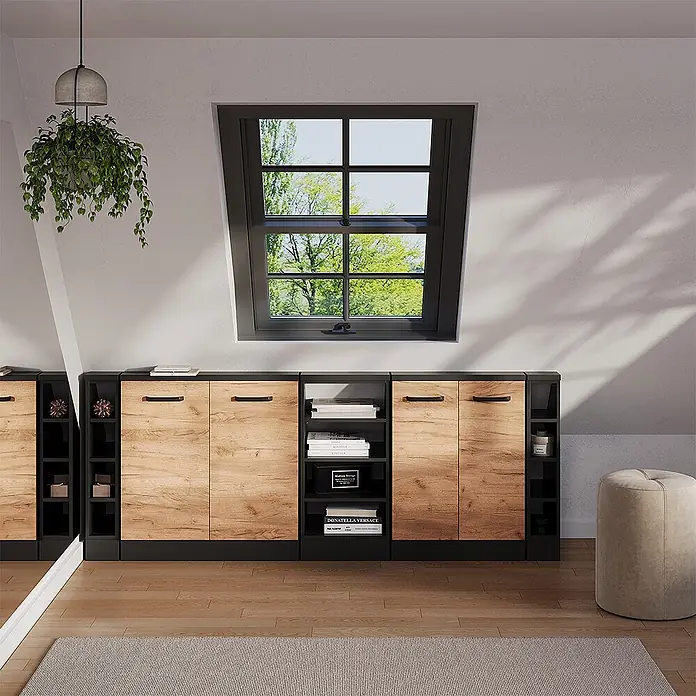 Vicco Schrankküche R-Line Anthrazit mit 4 Fächern - Dachschrägenschrank 15 cm offen - Modulares Aufbewahrungssystem mit hellen Holztüren und schwarzen Rahmen, im Raum unter einem Fenster zur Organisation genutzt.