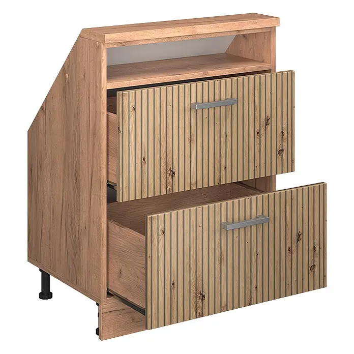 Küchenschrank für Dachschrägen R-Line 60 cm Artisan-Eiche Art.-Nr. 58224 -  - Abgeschrägter Unterschrank aus hellem Holz mit offenem Fach und zwei geriffelten Schubladen mit Metallgriffen.