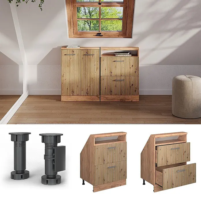Küchenschrank für Dachschrägen R-Line 60 cm Artisan-Eiche Art.-Nr. 58224 -  - Hölzerner Dachschrägen-Schrank mit gerippten Fronten & heller Holzoptik. Gezeigt in einem Raum & mit verstellbaren Füßen.
