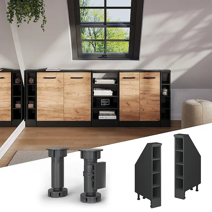 Vicco Schrankküche R-Line Anthrazit mit 4 Fächern - Dachschrägenschrank 15 cm offen - Verstellbare schwarze Möbelfüße und angewinkelte modulare schwarze Regale für Dachschrägen, passend zu modernen Aufbewahrungseinheiten.