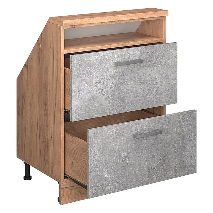 Vicco Schrankküche R-Line Beton mit 2 Schubladen - Beton, Dachschrägenschrank 60cm mit Schublade - Schräger Holzunterschrank mit zwei grauen Schubladen in Betonoptik. Beide Schubladen sind geöffnet.